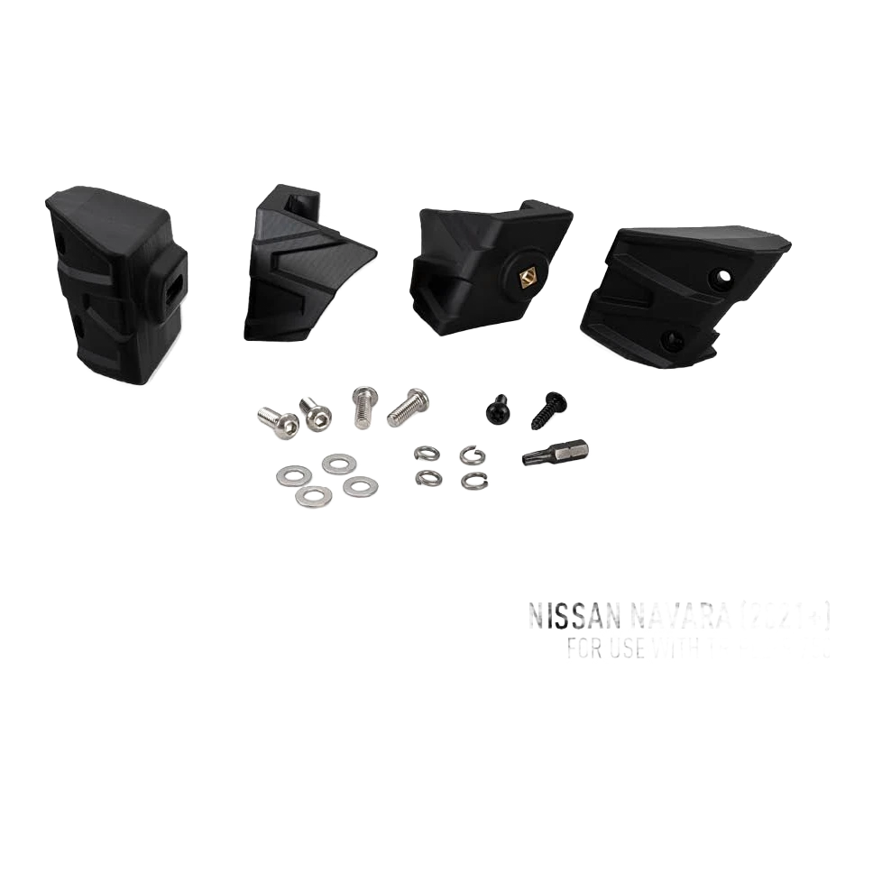 Lazer Lamps Nissan Navara (2021+) Grille Kit – set of black car accessories with screws and washers on a white background, labeled for Nissan Navara.