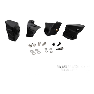 Lazer Lamps Nissan Navara (2021+) Grille Kit – set of black car accessories with screws and washers on a white background, labeled for Nissan Navara.