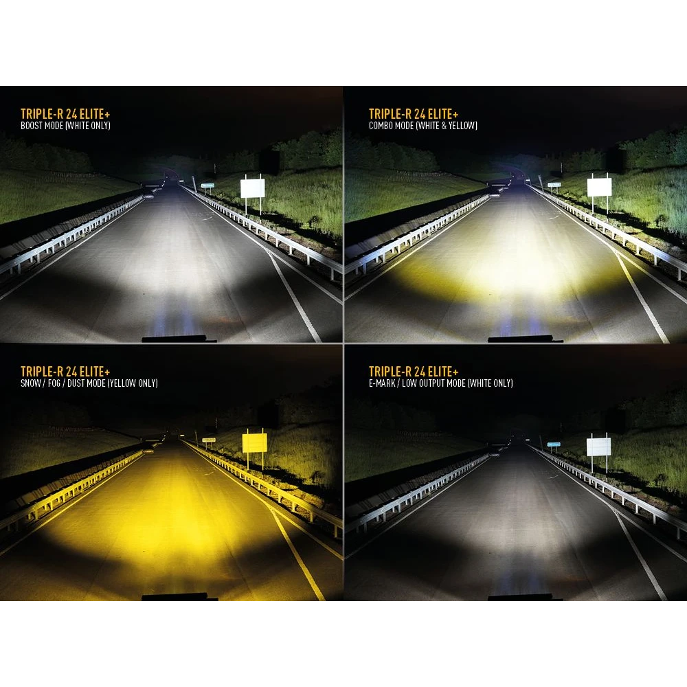 Comparison of different light modes on a vehicle's headlights at night.