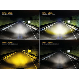 Comparison of different light modes on a vehicle's headlights at night.