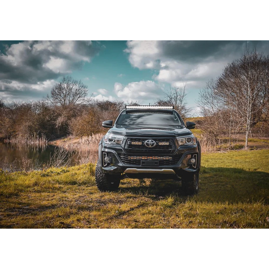 Toyota truck parked in a grassy field with trees and a lake in the background