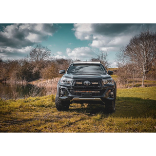 Toyota truck parked in a grassy field with trees and a lake in the background