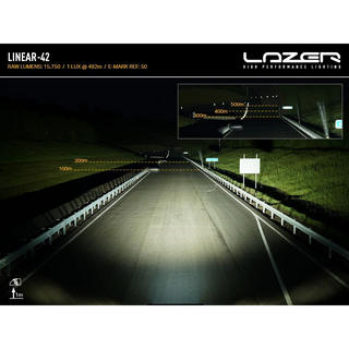 High-performance lighting system demonstration on a road at night with Lazer branding.