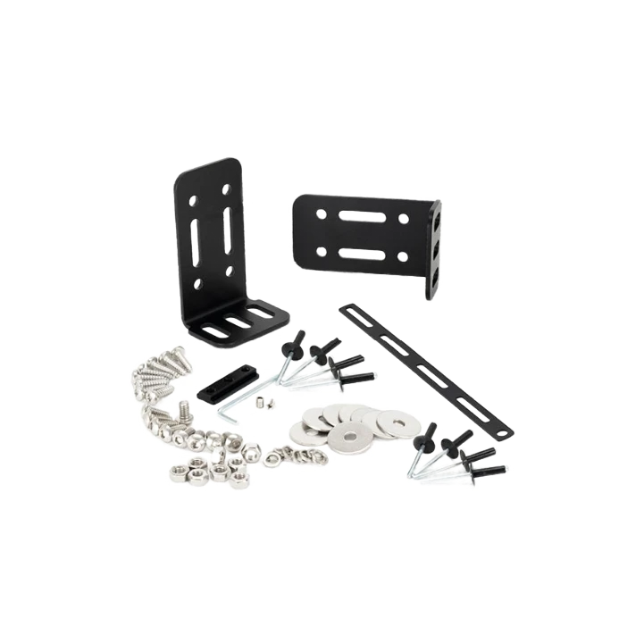 Set of black metal brackets and screws on a white background