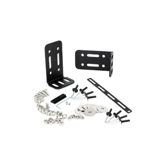 Set of black metal brackets and screws on a white background