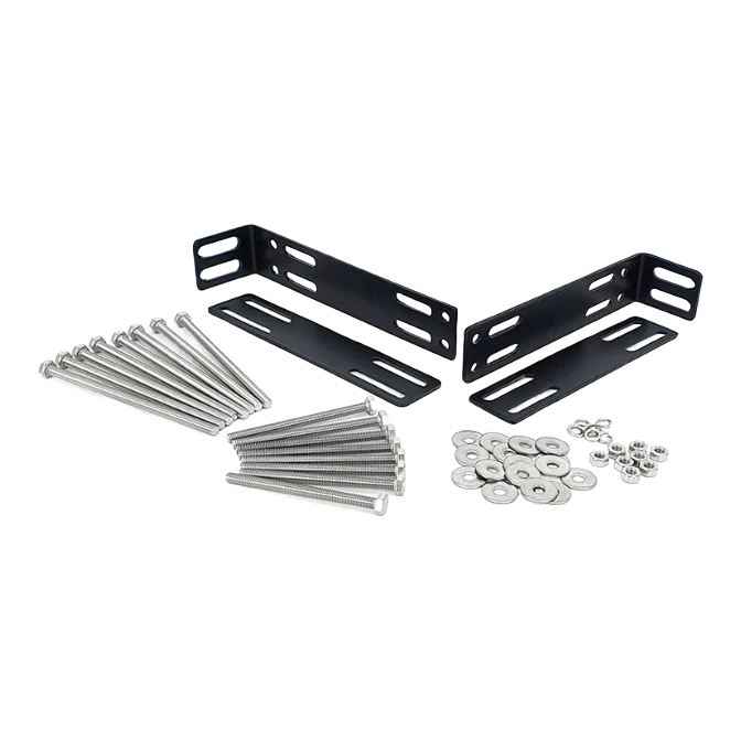 Set of black metal brackets with screws and washers on a white background