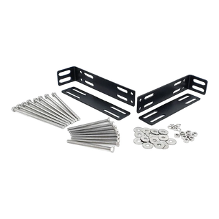 Set of black metal brackets with screws and washers on a white background