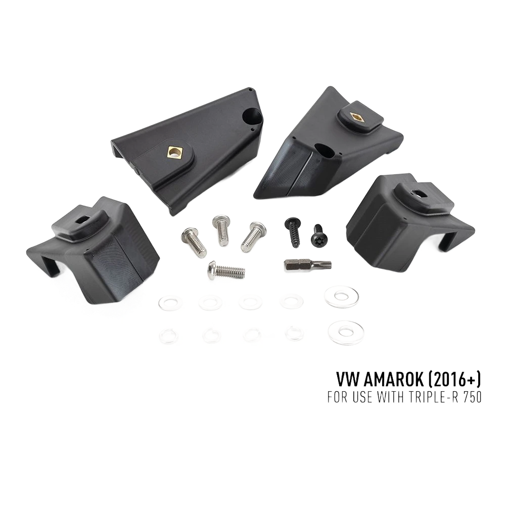 Lazer Lamps VW Amarok V6 (2016-2022) Grille Kit – set of black mechanical components and screws on a white background with 'VW Amarok (2016+) for use with Triple-R 750' text.