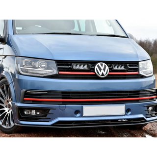 Front view of a blue Volkswagen van with a visible logo with Lazer Lamps Grille Kit for VW Transporter T6 Highline