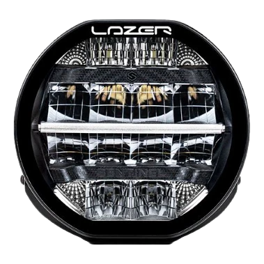 A black 7-inch Lazerlamps Sentinel LED driving light with a clear polycarbonate lens, designed for vehicles or tight mounting setups, featuring advanced LED technology.