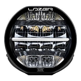 A black 7-inch Lazerlamps Sentinel LED driving light with a clear polycarbonate lens, designed for vehicles or tight mounting setups, featuring advanced LED technology.