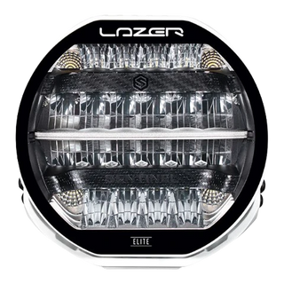 A black 7-inch Lazerlamps Sentinel LED driving light with a clear polycarbonate lens, designed for vehicles or tight mounting setups, featuring advanced LED technology.