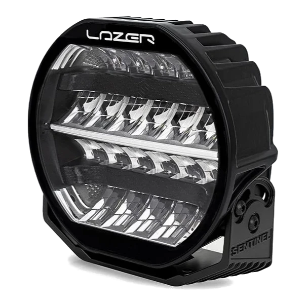 Lazer Lamps Sentinel 9 inch LED driving light seen at an angle on its wide mounting bracket