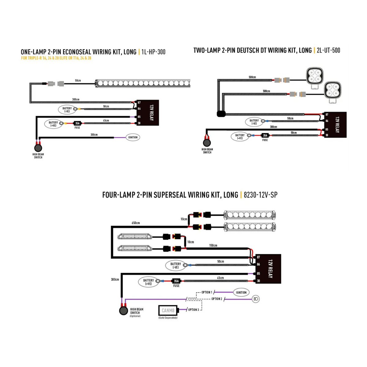 Wiring diagram for various automotive lighting kits on a white background