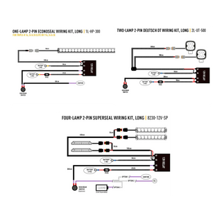 Wiring diagram for various automotive lighting kits on a white background