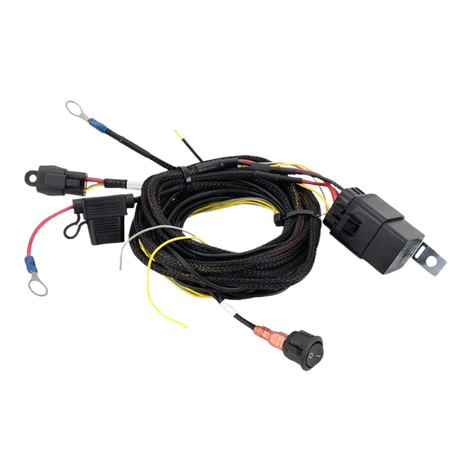 An assortment of Lazerlamps wiring kits including various connectors, cables, a relay, and fuses.