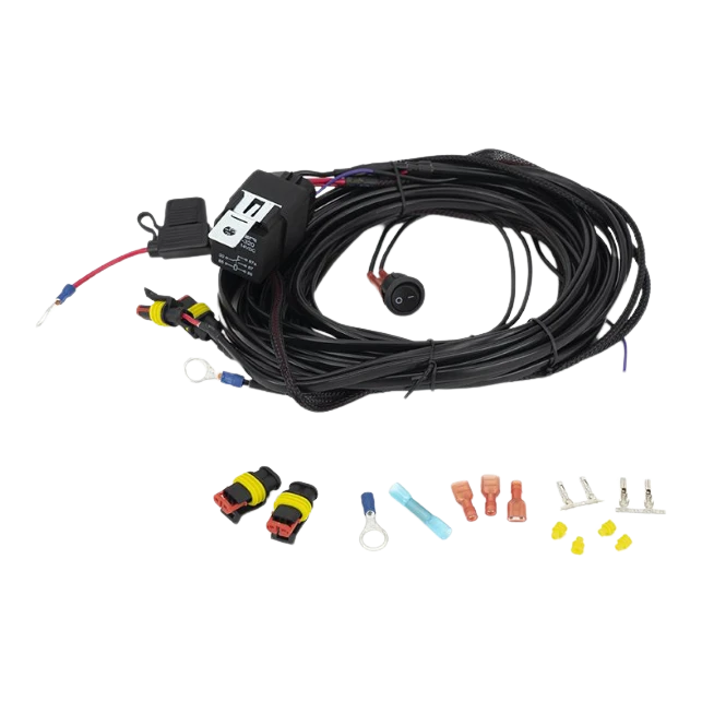 An assortment of Lazerlamps wiring kits including various connectors, cables, a relay, and fuses.