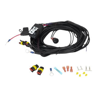 An assortment of Lazerlamps wiring kits including various connectors, cables, a relay, and fuses.