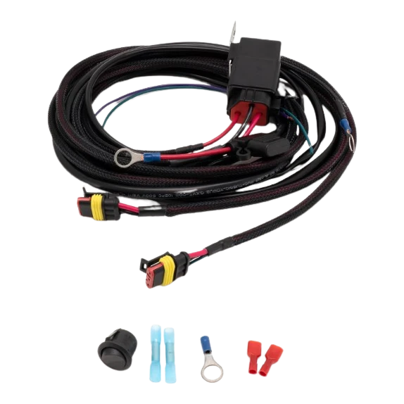 Wiring harness with connectors and components on a white background