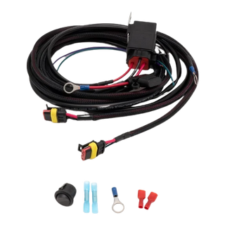 Wiring harness with connectors and components on a white background