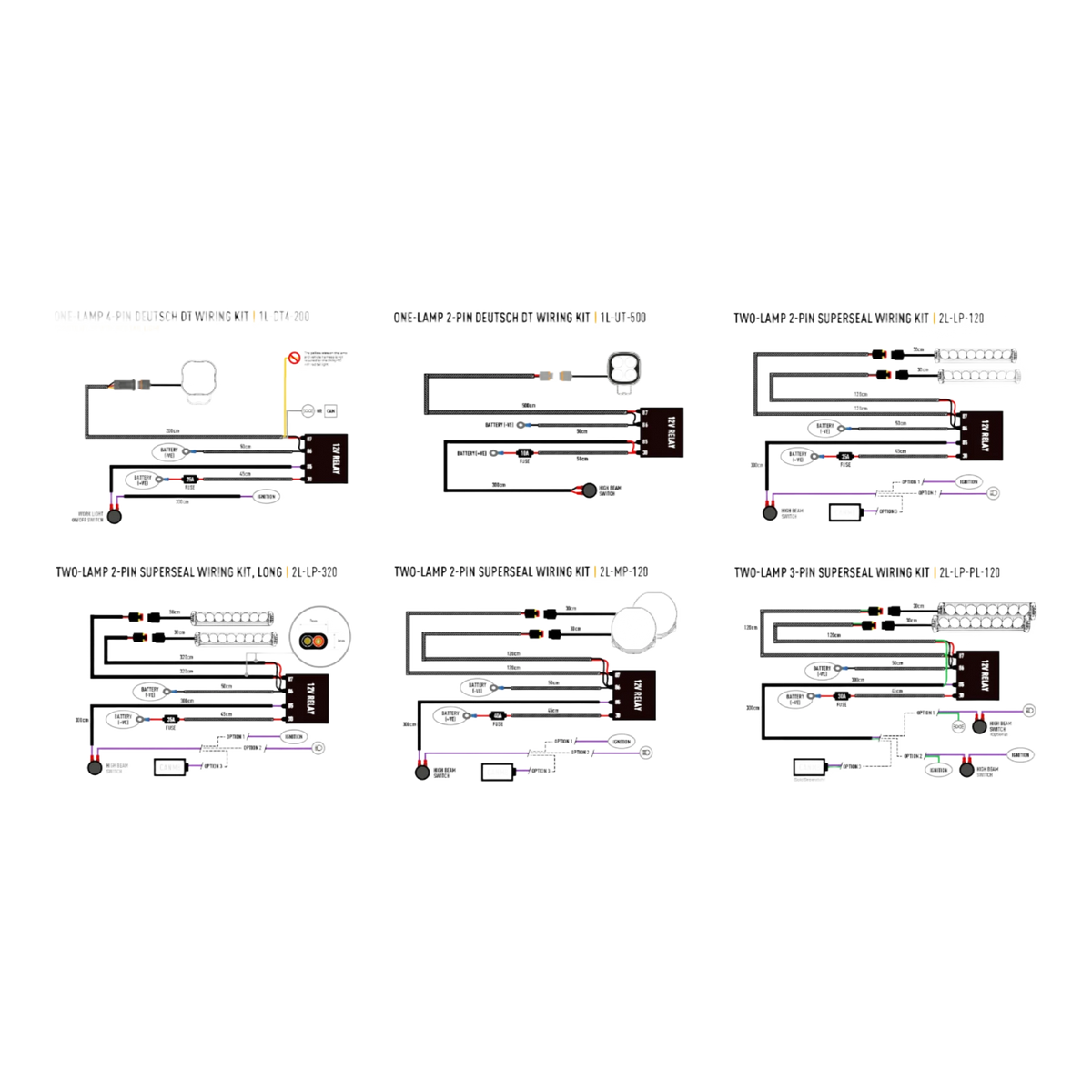 Wiring kit diagrams for automotive or electronic applications.