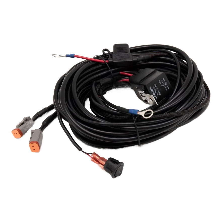 Coiled wiring harness with connectors on a white background