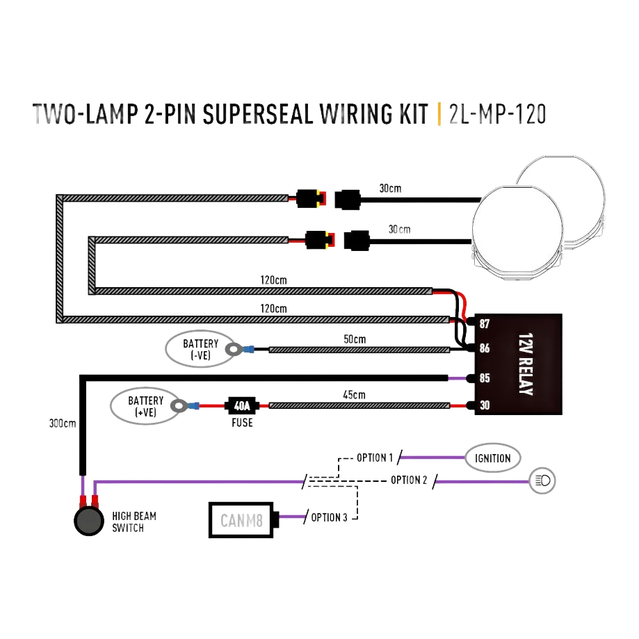 Wiring diagram for a two-lamp 2-pin Superseal wiring kit on a white background