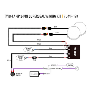 Wiring diagram for a two-lamp 2-pin Superseal wiring kit on a white background