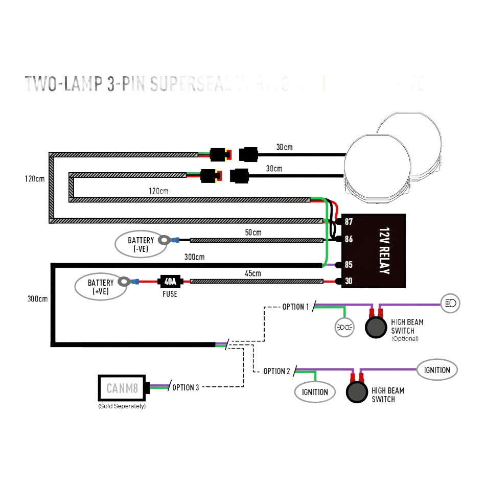 Wiring diagram for a two-lamp 3-pin Superseal wiring kit with labeled components and measurements.