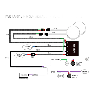 Wiring diagram for a two-lamp 3-pin Superseal wiring kit with labeled components and measurements.