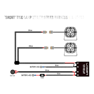 Diagram of a 'Short' Two Lamp Utility Series Harness with labeled components on a white background.