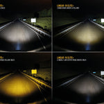 Four different views of a road illuminated by a vehicle's headlights in various modes.