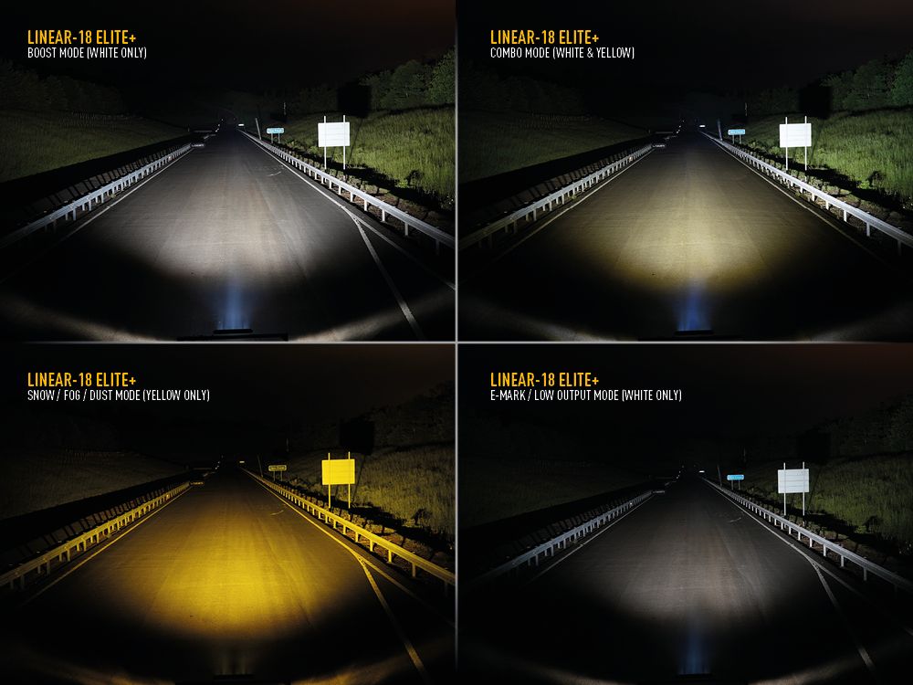 Four different views of a road illuminated by a vehicle's headlights in various modes.