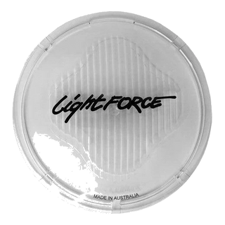 Clear Lightforce lens filter seen face on, the ribbed spread pattern moulded into the polycarbonate with the Lightforce script across the centre and MADE IN AUSTRALIA embossed at the bottom