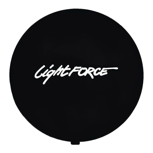 Black opaque Lightforce lens cover seen face on, the plain moulded disc with the Lightforce script in white across the centre