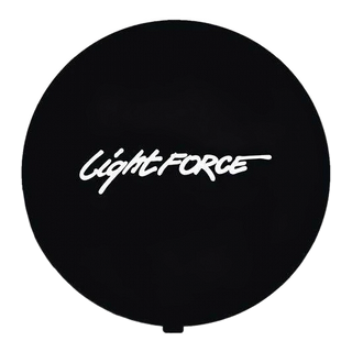 Black opaque Lightforce lens cover seen face on, the plain moulded disc with the Lightforce script in white across the centre