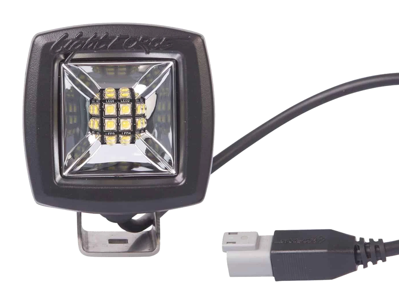 Lightforce Rok 40W Ultra Flood Beam 20-30V Cree IP69K LED – front view with cable and plug