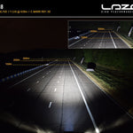 High-performance lighting system demonstration on a dark road with 'Lazer' branding.