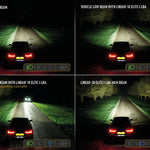 Comparison of vehicle headlights on a dark road with different light settings.