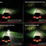 Comparison of vehicle headlights on a dark road with different light settings.