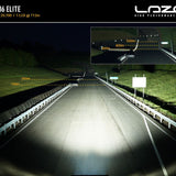 Highway at night with illuminated road and Lazer lighting system branding.