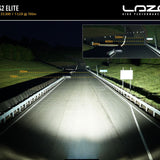 Highway scene with Lazer headlight simulation showing light projection and performance metrics.