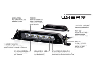 Annotated diagram of the Lazer Linear light bar, with callouts for the unbreakable polycarbonate lens, vacuum-metallised optics, e-mark certification with dual-output e-Boost to UNECE Reg112, aerodynamic profile, advanced 3W LEDs, dynamic drive modulation, automotive-grade corrosion resistance, anti-theft mounting brackets and the stainless side and centre mounting options