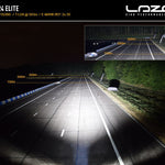 Lazer Linear-24 Elite lighting system demonstration on a dark road with inset showing light projection.