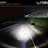 Lazer Linear-24 Elite lighting system demonstration on a dark road with inset showing light projection.