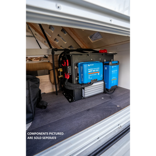 The lithium battery compartment mounted on its side under a bed platform in a van, with a Victron SmartSolar MPPT 100/50 charge controller and a Victron Blue Smart charger fixed to its outer face
