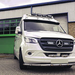 White Mercedes-Benz van in front of a building