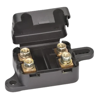 Twin MIDI fuse holder with shared bus bar input and hinged cover — bolt-down mount, M5 studs, 30A to 150A per position, 32V DC. For 12V and 24V caravan, 4WD, boat and dual-battery house circuits