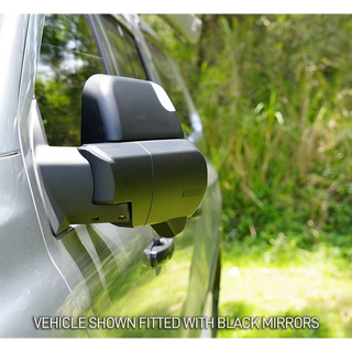 Car side mirror with black finish on a vehicle, outdoors – Navara D23 MSA POWER FOLD Towing Mirrors