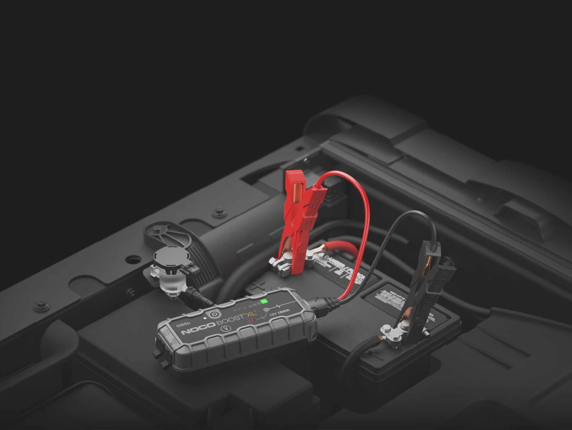 Noco 12V 1500A UltraSafe Lithium Jump Starter Boost XL – jump starting a vehicle in the engine bay